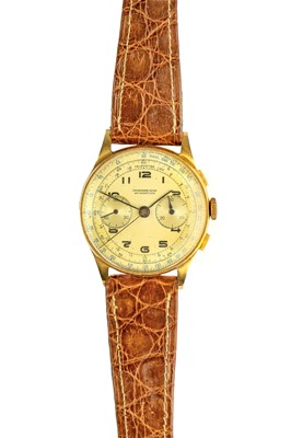 Lot 627 - CHRONOGRAPHIE-SUISSE - A 1940's 18k gentleman's chronograph manual wind wristwatch.