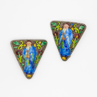 Lot 69 - A pair of 1920's Chinese silver and cloisonne enamel dress clips.