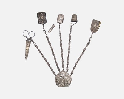 Lot 76 - A 19th century silver-plated chatelaine with five attachments.