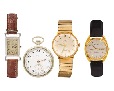 Lot 724 - A selection of four mechanical gentleman's wristwatches, and a nickel-plated keyless pocket watch.