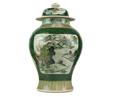 Lot 381 - A Famille Verte baluster vase and cover.