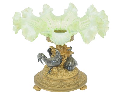 Lot 7 - A 19th century vaseline glass tazza or centrepiece on a gilt bronze and silvered stand.