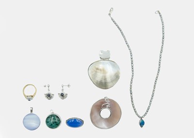 Lot 15 - A selection of silver jewellery, and a gold-plated paste set cluster ring.