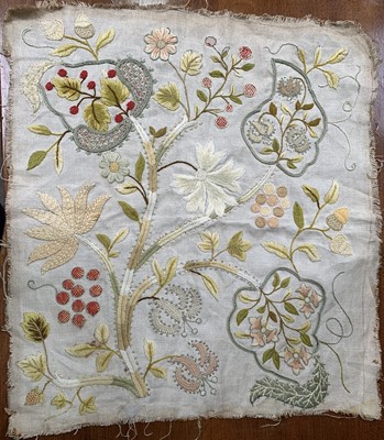 Lot 2823 - Crewel work embroidery panel, pale greens on...