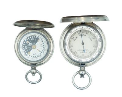 Lot 730 - A nickel cased full hunter aneroid pocket barometer by M. Aronsberg, and a nickel pocket compass.