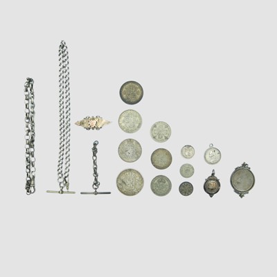 Lot 220 - A collection of GB and World silver coinage, two broken white metal watch chains and other silver.