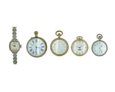 Lot 709 - A selection of four pocket watches for spares, including Hamilton, and a lady's macasite wristwatch.