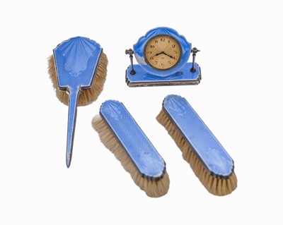 Lot 195 - Four piece silver and blue enamel dressing table set by Adie Brothers Ltd.