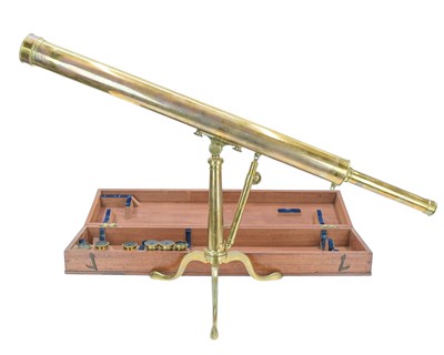 Lot 477 - A late George III 2 inch brass refracting telescope on tripod stand, original mahogany case.