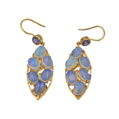 Lot 40 - A pair of 925 silver-gilt opal and sapphire set pendant earrings.