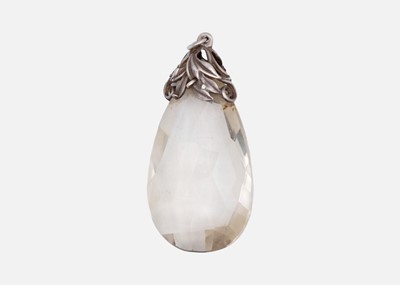 Lot 12 - A briolette rock crystal pendant with leaf cast and pierced silver mount.