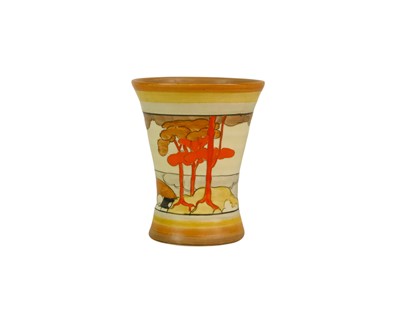 Lot 718 - A Clarice Cliff Coral Firs pattern flower vase.