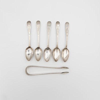 Lot 166 - Five George III bright-cut silver teaspoons by George Smith & Thomas Hayter.