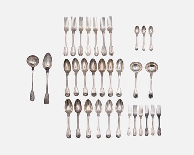 Lot 213 - A George III silver part suite of cutlery in fiddle shell and thread pattern.