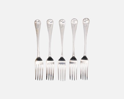 Lot 203 - Five Victorian silver OE pattern table forks by George Whiting.