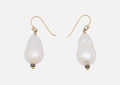 Lot 19 - A pair of large baroque pearl, diamond-set drop earrings with gold hooks.