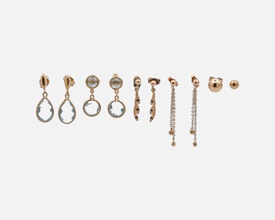 Lot 49 - A selection of 9k earrings, including two pairs of blue topaz set drop earrings.