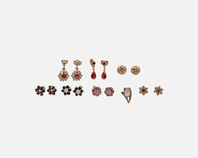 Lot 97 - A selection of 9k pairs of stud earrings, mostly all gem set.