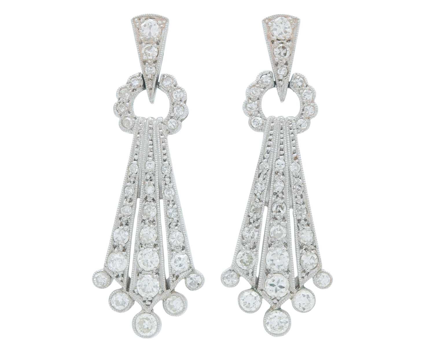 Lot 9 - A fine pair of Art Deco 18k and platinum diamond set drop pendant earrings.