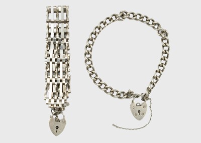 Lot 106 - A silver curb-link bracelet and a silver gate bracelet.