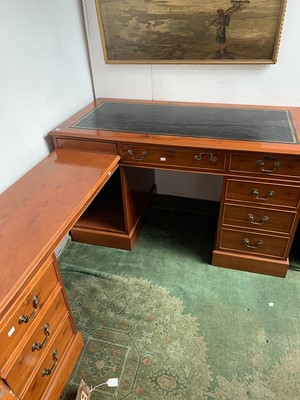 Lot 3186 - A reproduction yew veneered pedestal desk, of...