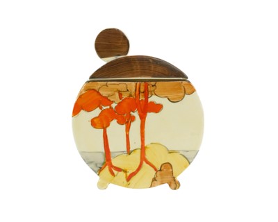 Lot 622 - A Clarice Cliff Coral Firs pattern preserve pot and cover.