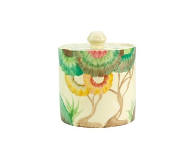 Lot 708 - A Clarice Cliff Aurea pattern preserve jar and cover.