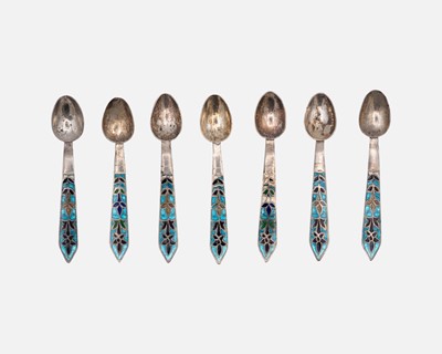 Lot 219 - Seven sterling silver and enamel coffee spoons.