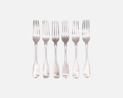 Lot 208 - Six George III silver fiddle-patterned forks.