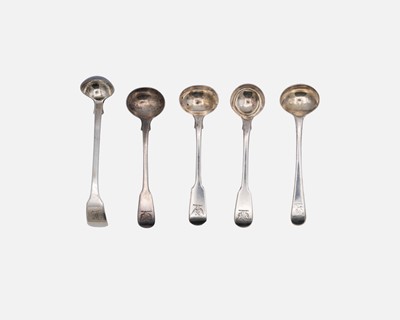 Lot 148 - A selection of five 19th century silver mustard spoons.