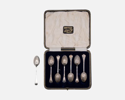Lot 129 - A cased set of six George V silver coffee spoons by Martin Hall & Co Ltd.