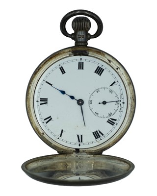 Lot 541 - A silver-cased keyless wind full-hunter Swiss lever pocket watch.