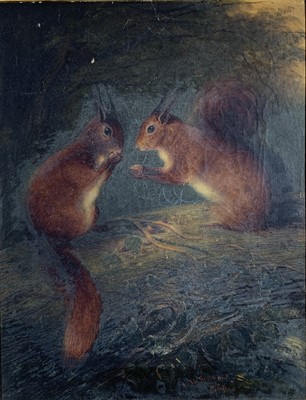 Lot 1065 - J M STEWART Red Squirrels Oil on canvas...
