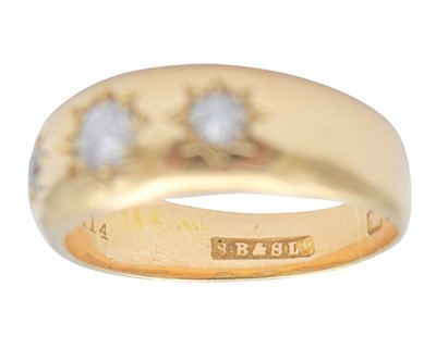 Lot 14 - A Victorian 18k hallmarked gold gypsy ring with three diamonds.