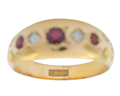 Lot 19 - A Victorian 18k diamond and garnet set five-stone gypsy ring.