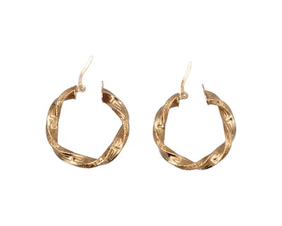 Lot 42 - A pair of 18k Greek key twist design hoop earrings.