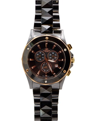 Lot 712 - ONISS - A chronograph black ceramic gentleman's quartz bracelet wristwatch.