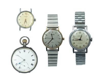 Lot 705 - A silver cased keyless wind lever pocket watch, and three manual wind gentleman's wristwatches.