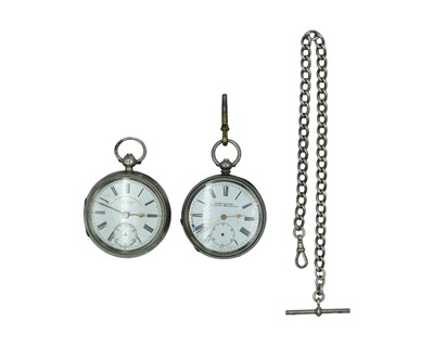 Lot 726 - Two silver-cased key wind lever pocket watches, and a curb-link Albert watch chain.