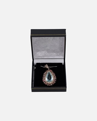 Lot 37 - A silver pendant set with a large pear cut aquamarine, square pink tourmalines and diamonds.