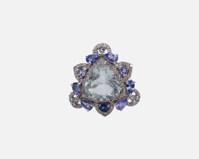 Lot 25 - A silver dress ring set with a large trilliant cut aquamarine, tanzanites, kyanites and diamonds.