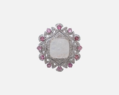 Lot 42 - A stylish silver dress ring, set with a carved rainbow moonstone, tourmalines and diamonds.