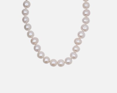 Lot 26 - A cultured white pearl necklace with silver lobster claw clasp.