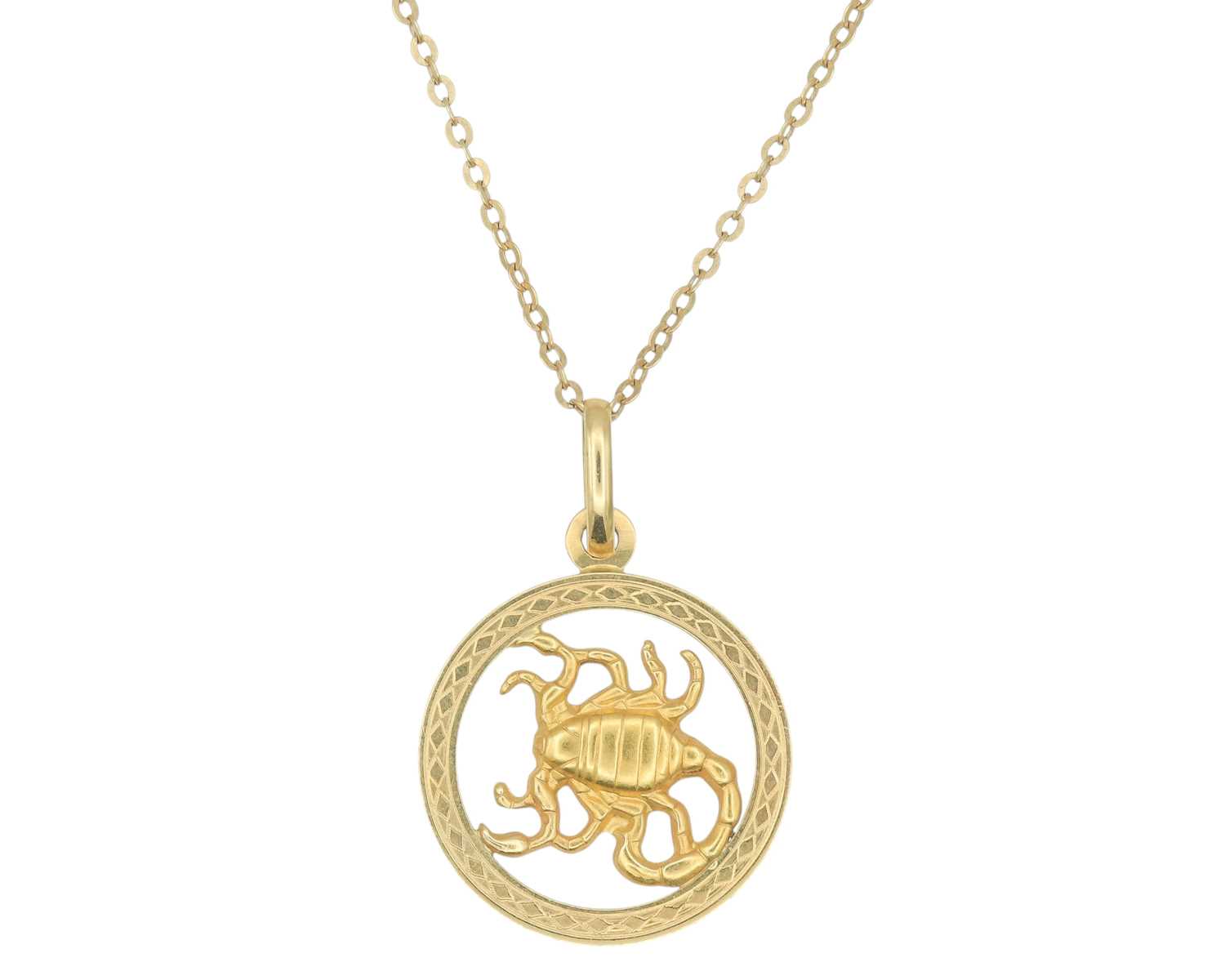 Lot 4 - An 18k Scorpio zodiac pendant on an 18k trace-link 20.75" neck chain.
