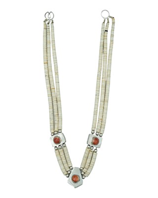 Lot 226 - A Mexican Kewa Pueblo necklace, with white clam shell disc beads & silver spacers, set with turquoise & coral.