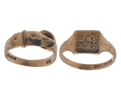 Lot 69 - Two 9k hallmarked gold rings, to include a buckle ring, and a lady's signet ring.