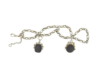 Lot 579 - A 9K belcher link watch chain with two Victorian 9k swivel fobs.