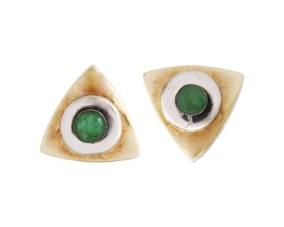Lot 102 - A modern 9k yellow and white gold pair of emerald-set triangular design stud earrings.