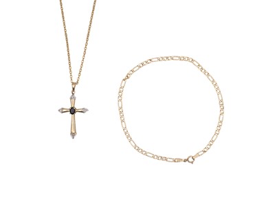 Lot 129 - A 9k figaro link bracelet and a diamond and a 9k diamond and onyx set cross on 9k chain.