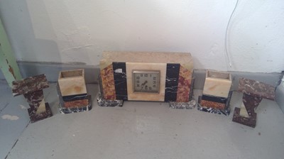 Lot 2924 - A 1930s Art Deco marble clad French clock set,...
